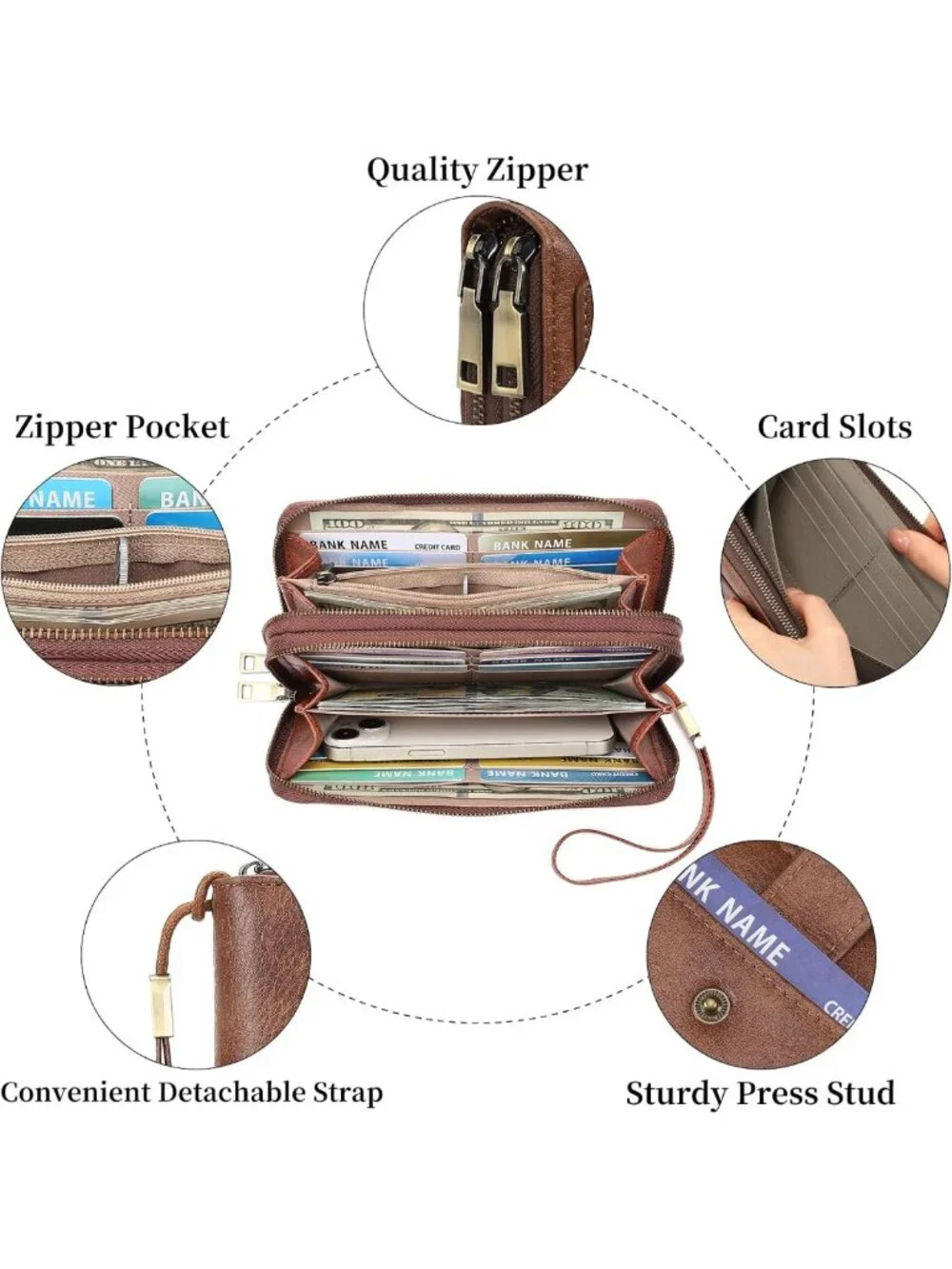 Large Capacity RFID Blocking Leather Wallet - Double Zipper Clutch & Card Holder